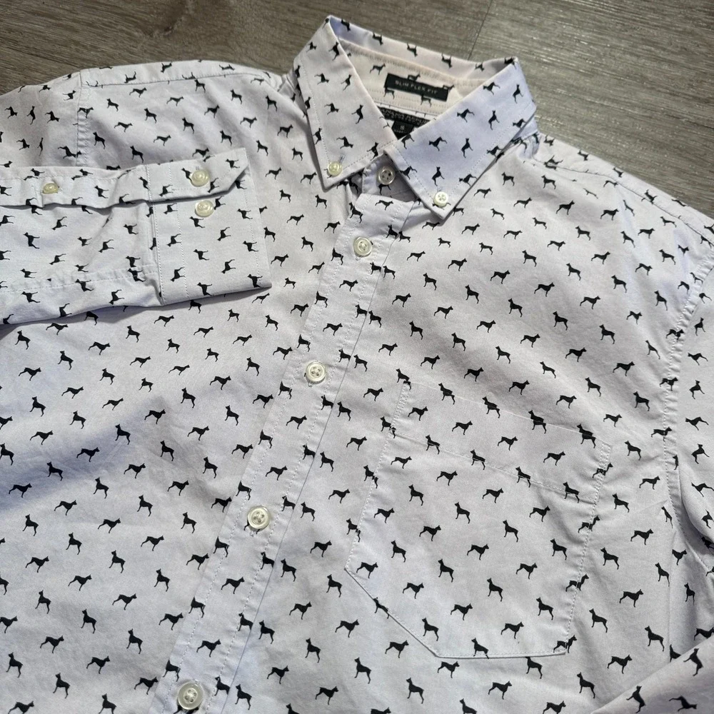 Banana Republic Shirt Mens S White Cotton Tech Stretch Dog Print Slim Flex Fit